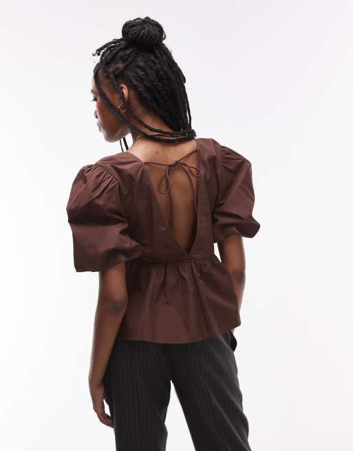 Topshop poplin puff sleeve top in chocolate