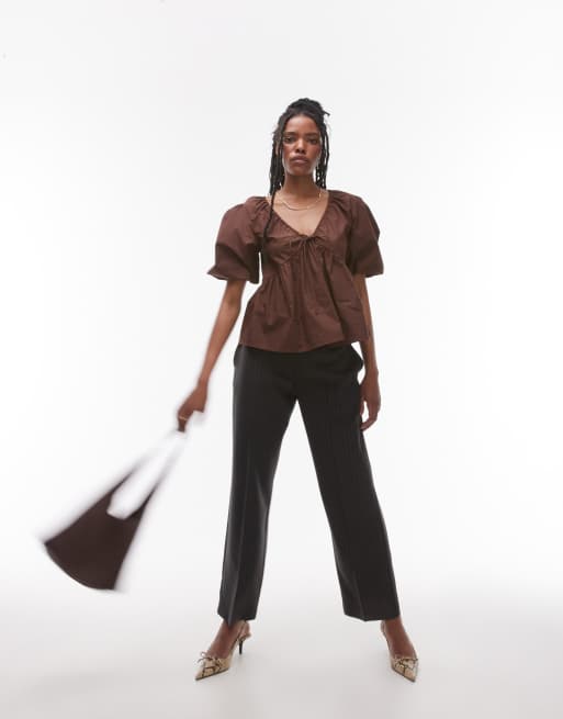 Topshop poplin puff sleeve top in chocolate, 3 of 4