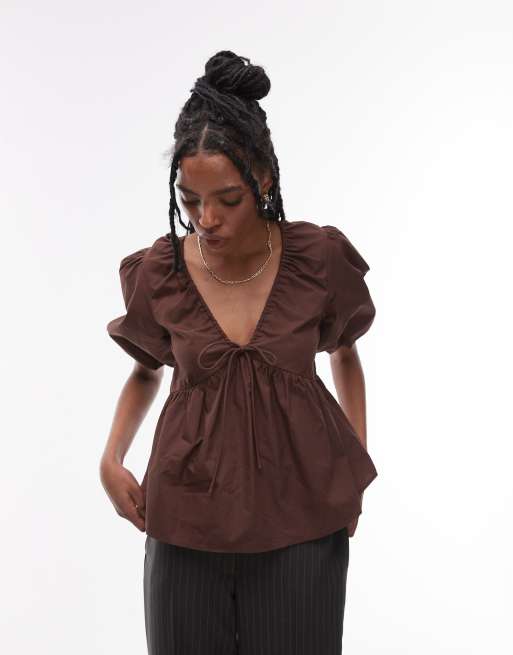 Topshop poplin puff sleeve top in chocolate