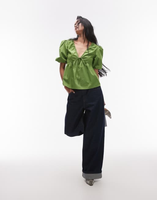 Topshop poplin puff sleeve top in green