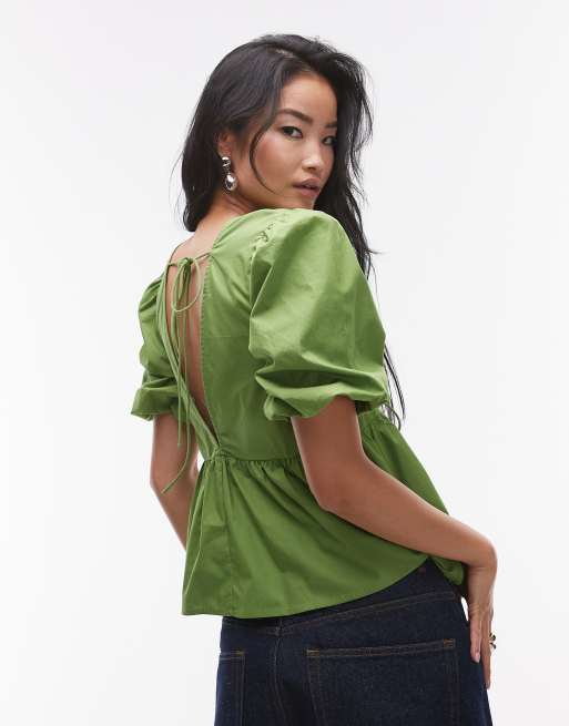 Topshop poplin puff sleeve top in green