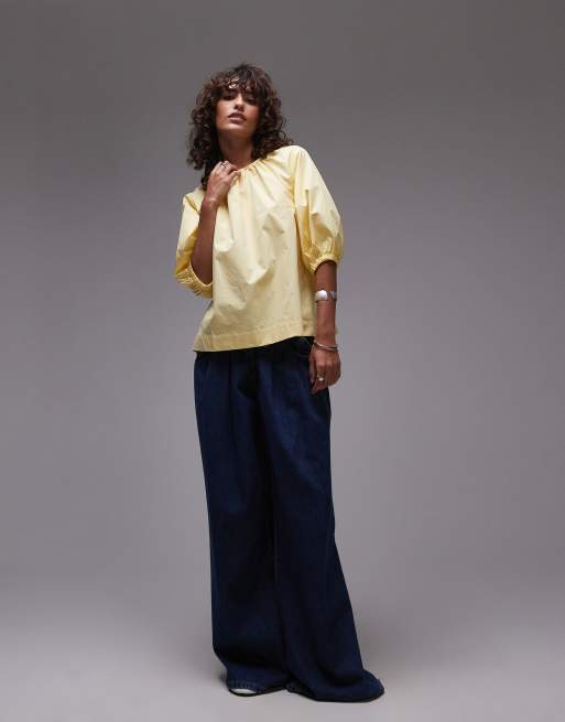 Topshop poplin puff sleeve top in lemon yellow | ASOS