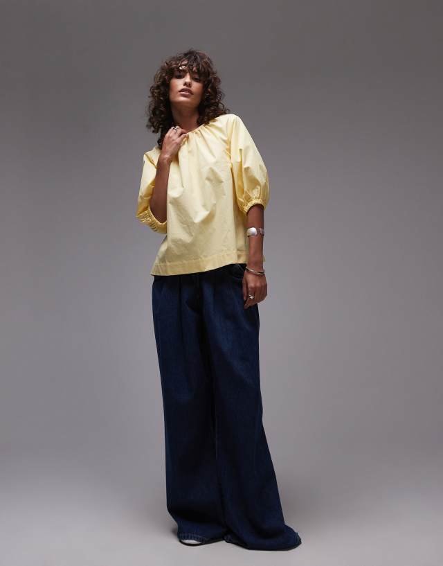 Topshop poplin puff sleeve top in lemon yellow | ASOS