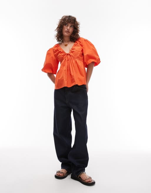 Topshop poplin puff sleeve top in orange