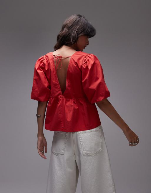 Topshop poplin puff sleeve top in red