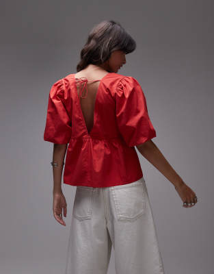 Topshop poplin puff sleeve top in red