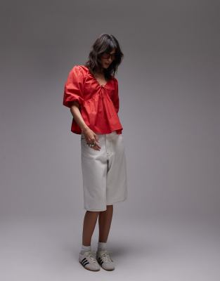 Topshop poplin puff sleeve top in red