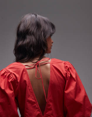 Topshop poplin puff sleeve top in red