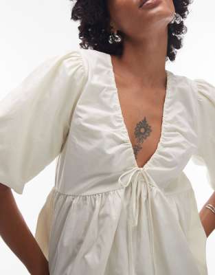 Topshop Poplin Puff Sleeve Top In White