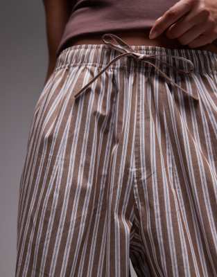 Topshop poplin pull on wide leg pants in brown and blue stripe