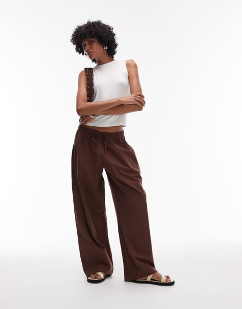 Topshop poplin pull on wide leg pants in brown - view 1