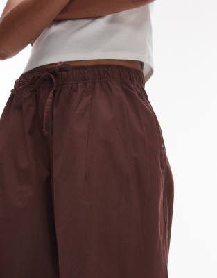 Topshop Poplin Pull On Wide Leg Pants In Brown