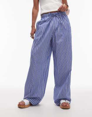 Topshop poplin pull on wide leg pants in dark blue stripe