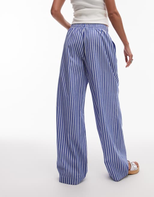 Topshop poplin pull on wide leg pants in dark blue stripe