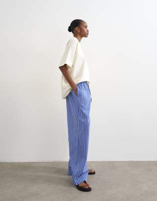 Topshop Poplin Pull On Wide Leg Pants In Blue