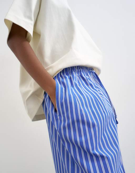 Topshop poplin pull on wide leg pants in dark blue stripe, 4 of 5
