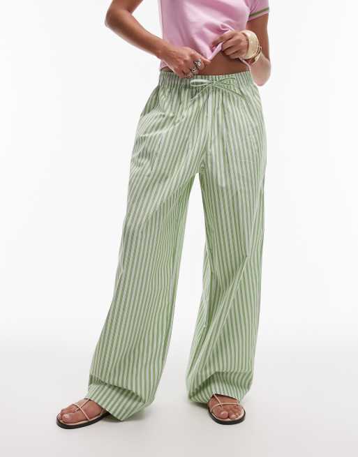 Topshop poplin pull on wide leg pants in green stripe