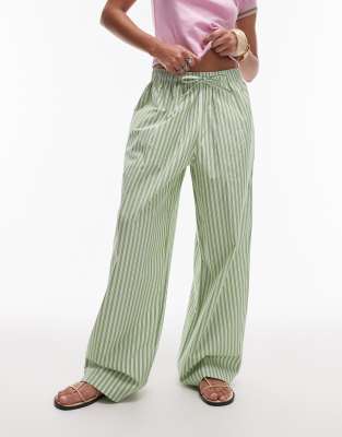 Topshop poplin pull on wide leg pants in green stripe