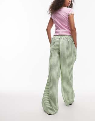 Topshop poplin pull on wide leg pants in green stripe