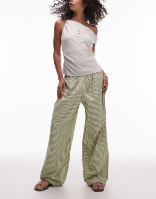 poplin pull on wide leg pants in green stripe