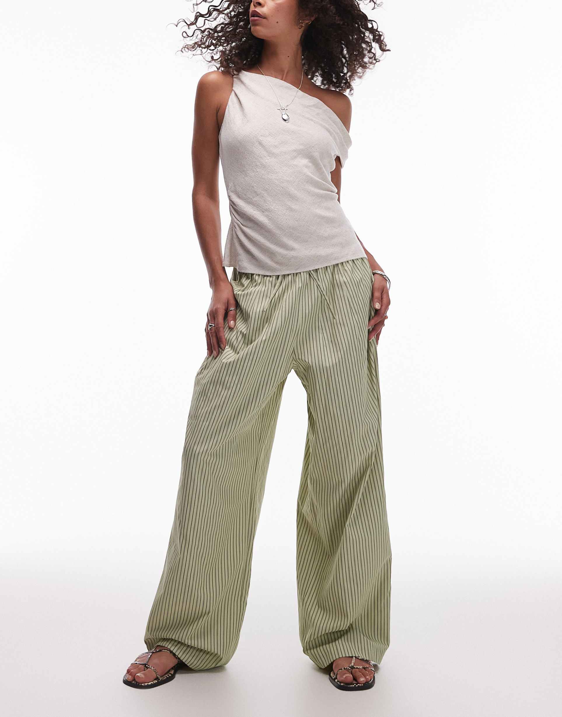 topshop poplin pull on wide leg pants in green stripe