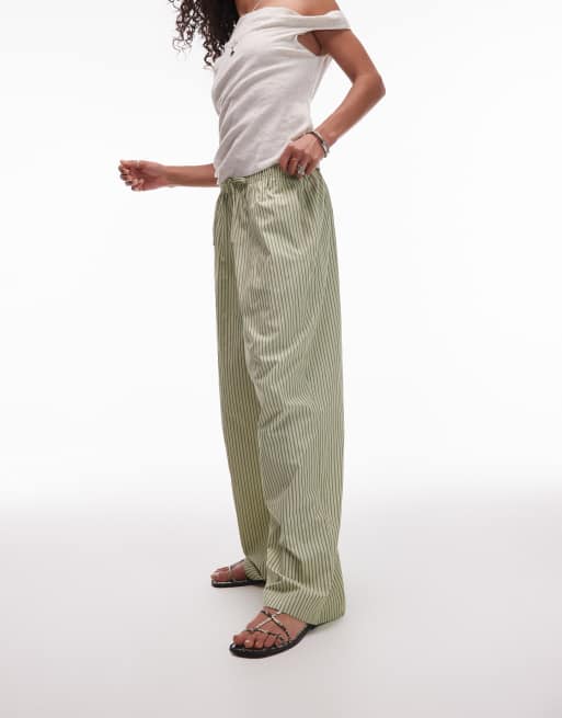 Topshop poplin pull on wide leg pants in green stripe, 3 of 5