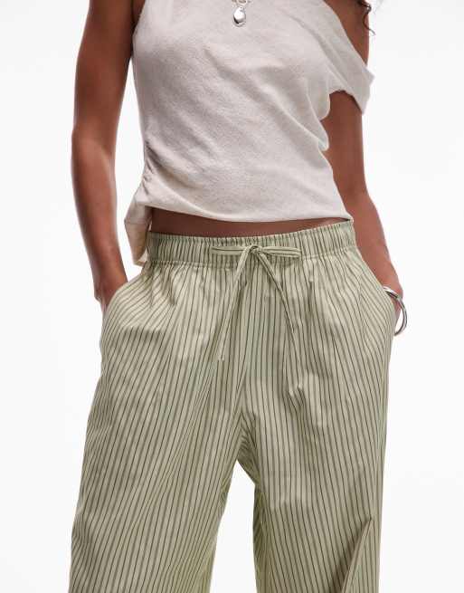 Topshop poplin pull on wide leg pants in green stripe, 4 of 5