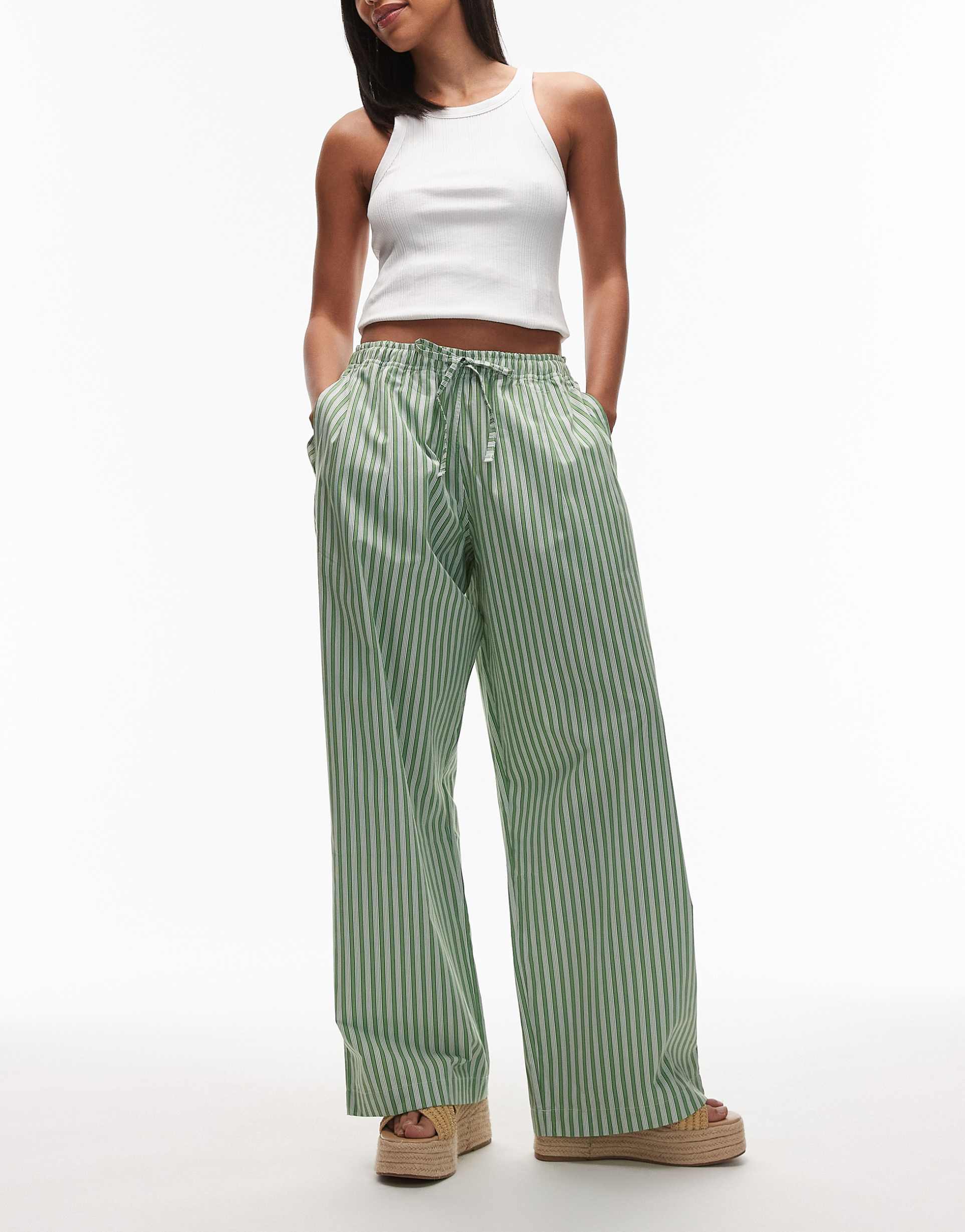 topshop poplin pull on wide leg pants in green stripe
