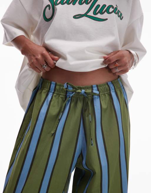 Topshop poplin pull on wide leg pants in khaki and blue stripe