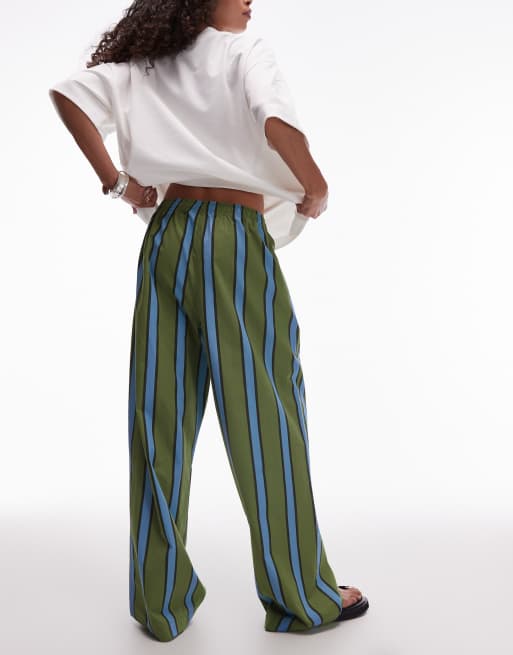 Topshop poplin pull on wide leg pants in khaki and blue stripe