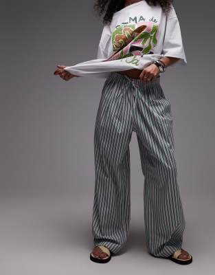 Topshop poplin pull on wide leg pants in pink and green stripe-Multi
