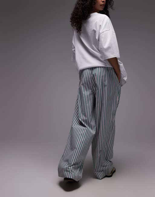Topshop poplin pull on wide leg pants in pink and green stripe, 5 of 5