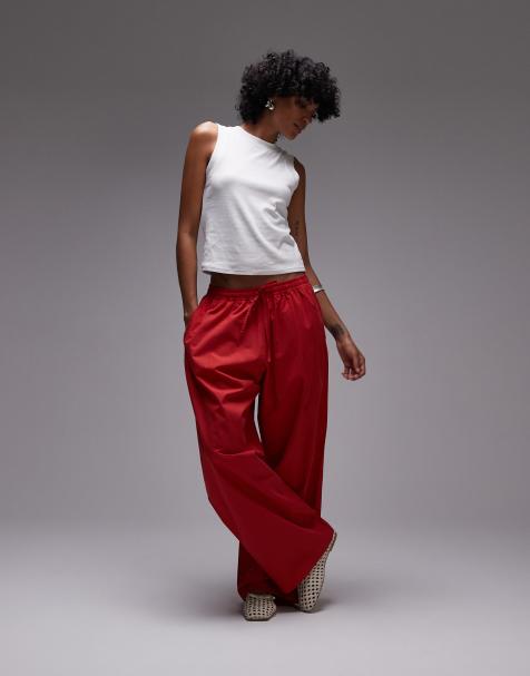Topshop poplin pull on wide leg pants in red - view 1