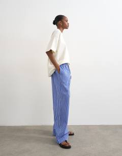 Poplin pull on wide leg trouser in dark blue stripe