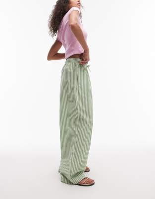 Topshop poplin pull on wide leg trouser in green stripe