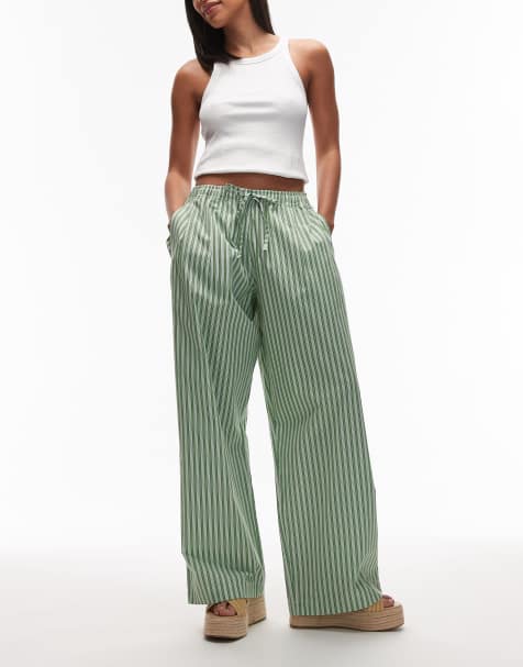 Topshop poplin pull on wide leg trouser in green stripe - view 1