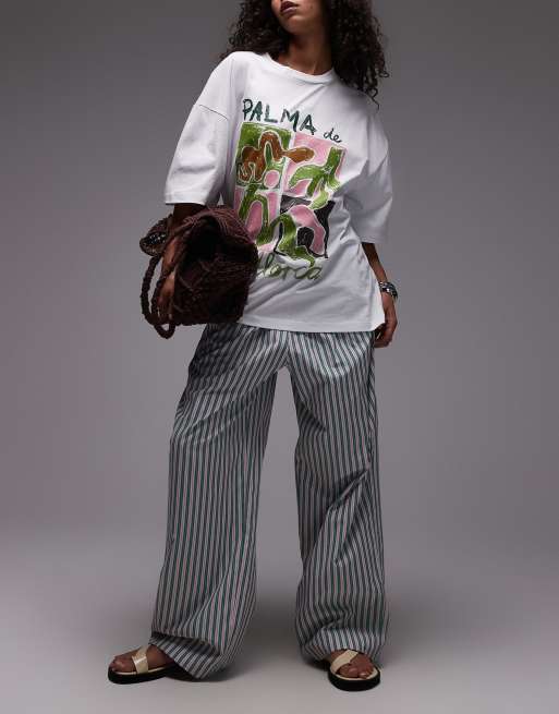 Topshop poplin pull on wide leg trouser in pink and green stripe, 3 of 5