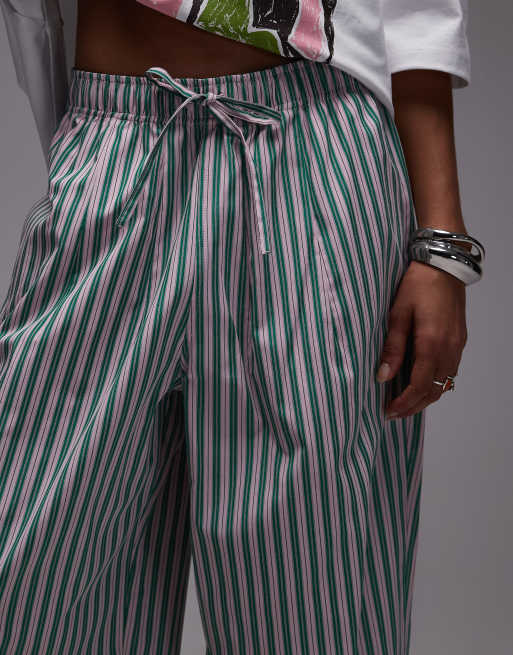Topshop poplin pull on wide leg trouser in pink and green stripe, 4 of 5