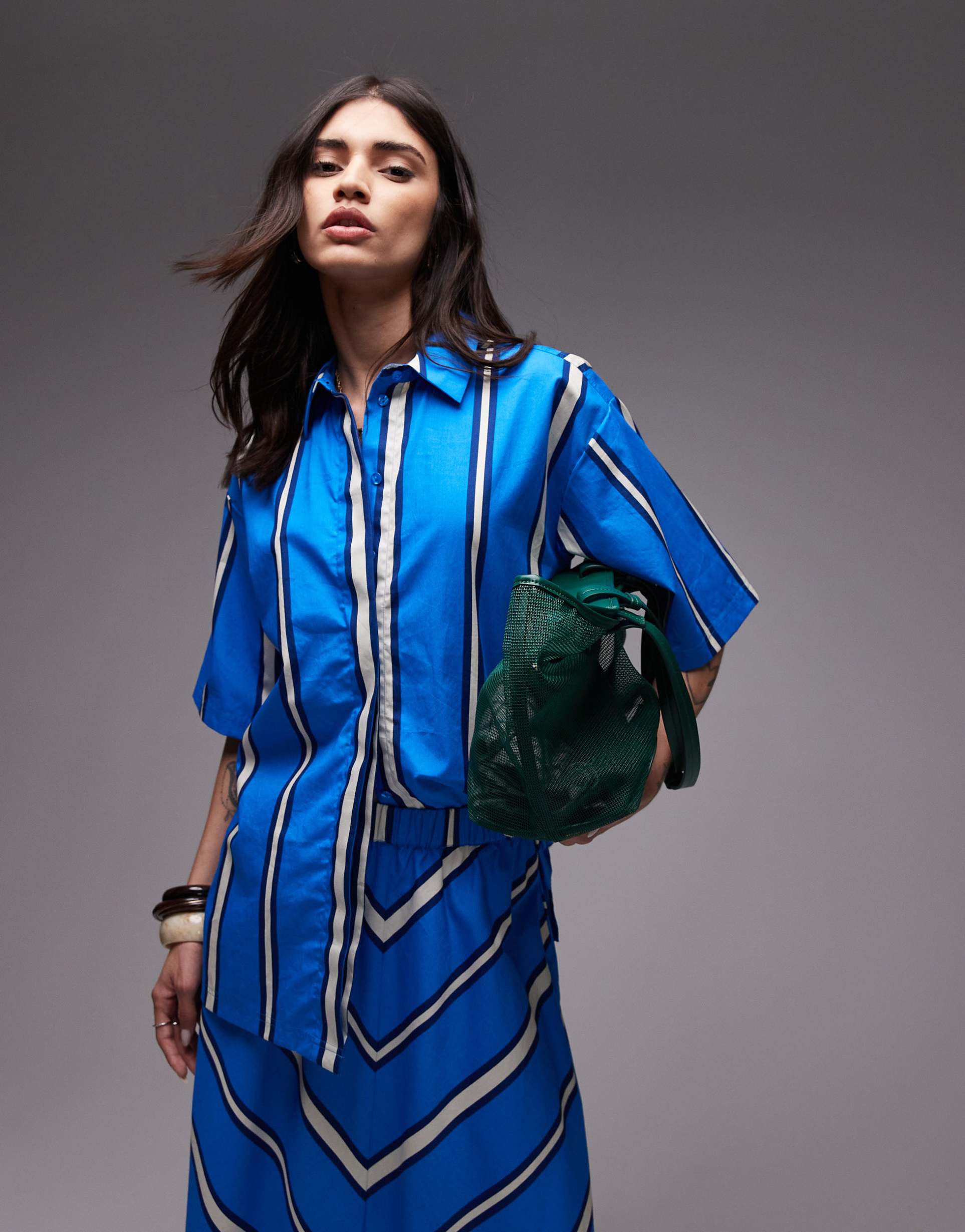 topshop poplin resort shirt in bold blue and ivory stripe - part of a set