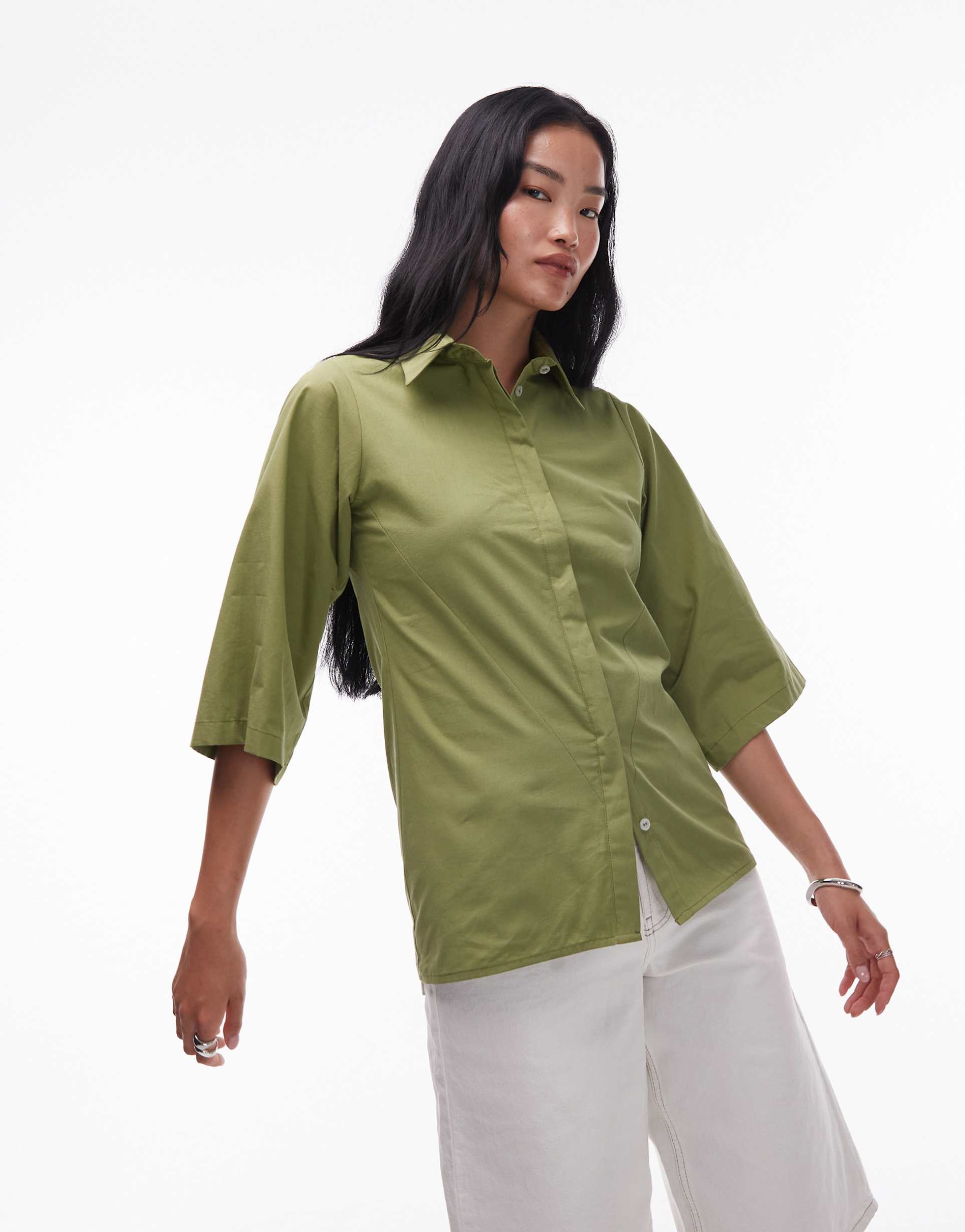 topshop poplin revere collar bowling shirt in green