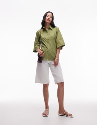 Topshop Poplin Revere Collar Bowling Shirt In Green