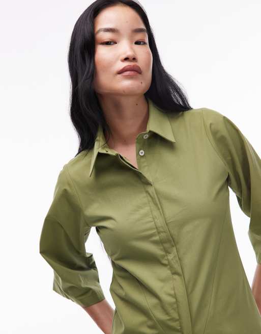 Topshop Poplin Revere Collar Bowling Shirt in Green