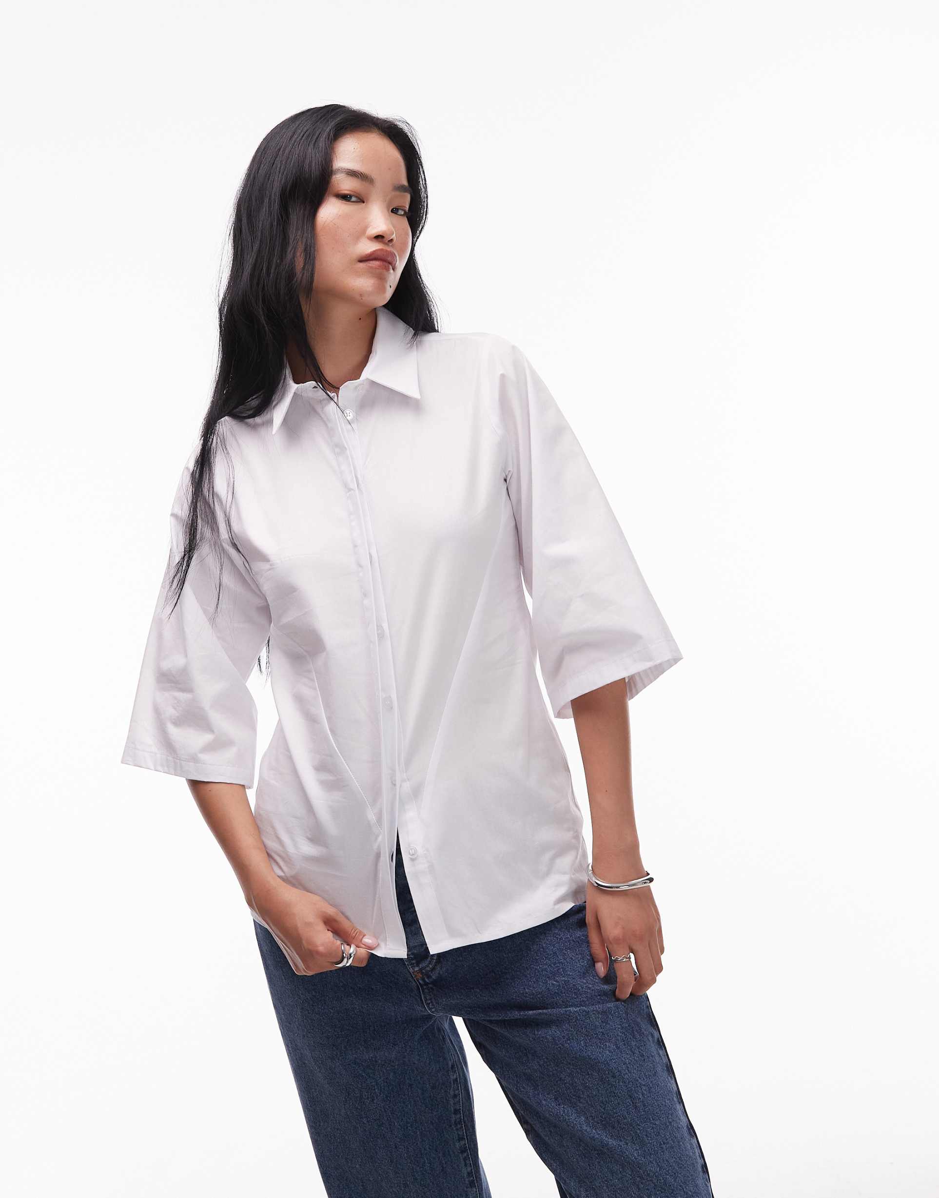 topshop poplin revere collar bowling shirt in white