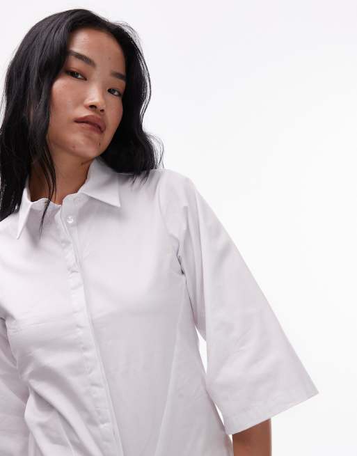 Topshop poplin revere collar bowling shirt in white, 2 of 4