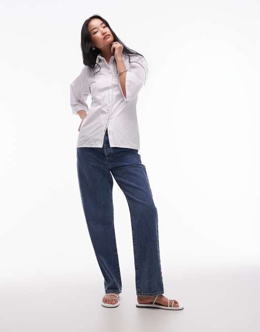 Topshop poplin revere collar bowling shirt in white, 3 of 4