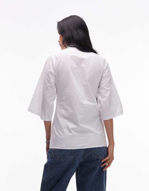 Topshop poplin revere collar bowling shirt in white, 4 of 4