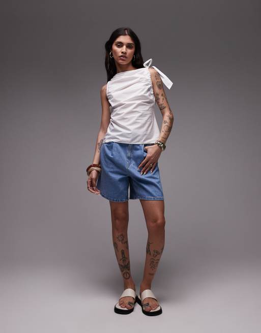 Topshop poplin ruch shoulder sleeveless top in ivory, 3 of 4