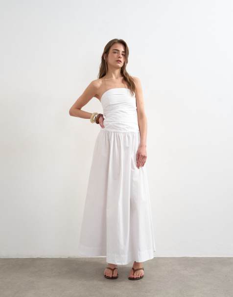 Topshop poplin ruched bandeau midi dress in white - view 1