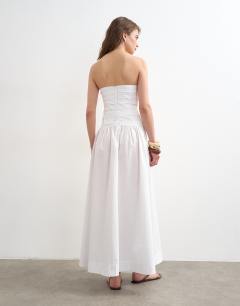 Model wearing Poplin ruched bandeau midi dress in white