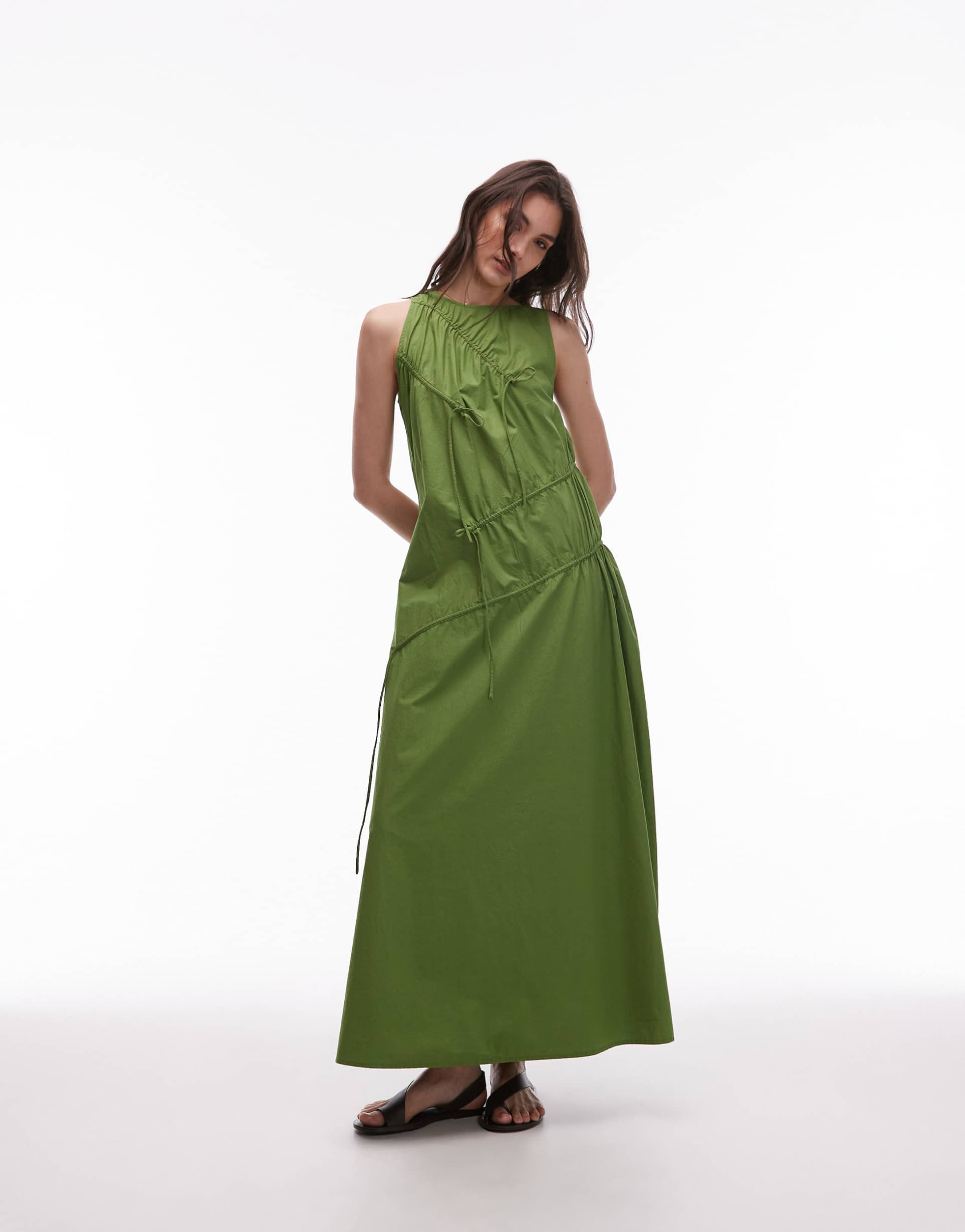 topshop poplin ruched channel midi dress in green